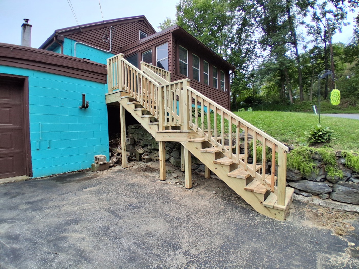 Exterior staircase to a second-floor entry