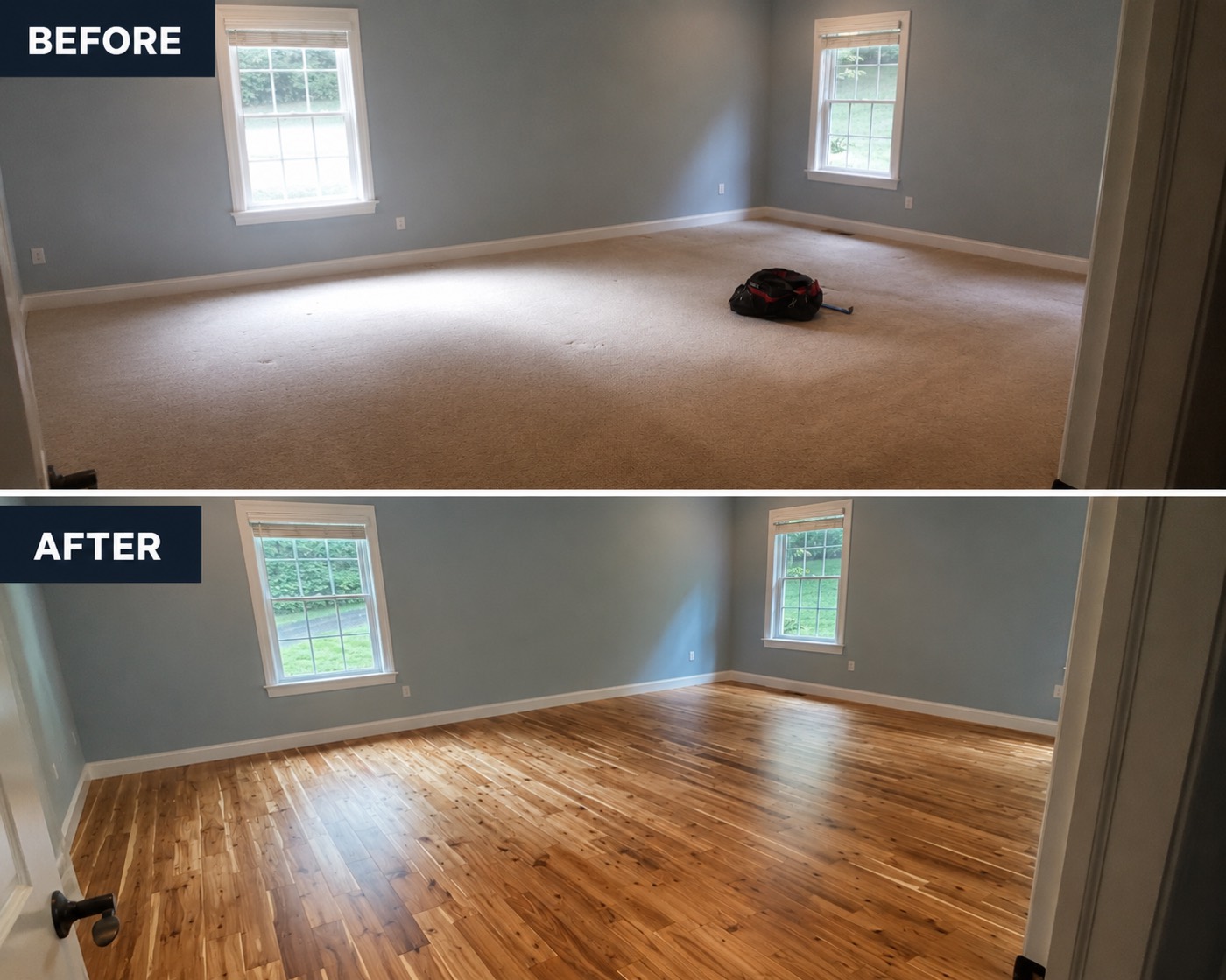 Before and after: carpet replaced with natural hardwood flooring
